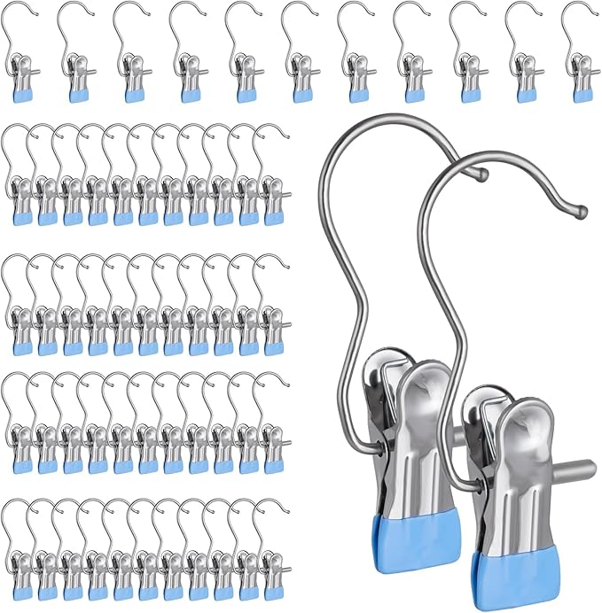 50PCS Space-Saving Clothespin Hat Pants Storage Hanging Travel Hook, Portable 360° Rotating Stainless Steel Hanging Hook Clips Towel Clips,Laundry Hooks Hanging Clips with Clips for Home and Travel