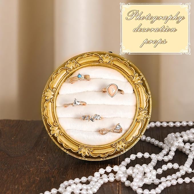 Vintage Ring Holder Round Gold Ring Wedding Display Suede Jewelry Box Stand Frame Earring Tray Anniversary Engagement Baroque Organizer Photograph Prop for Women Birthday Christmas Gift