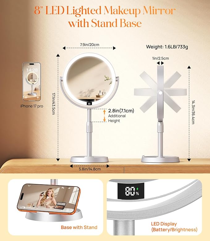 Gospire 8” Lighted Makeup Mirror with Lights and Magnification, 20X Magnifying Mirror with Light for Makeup Desk, Height Adjustable and Digital Display, Shaving Mirror for Bathroom, Gifts for Women