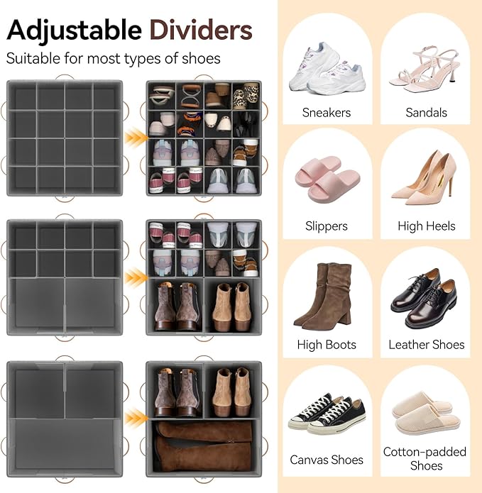 Lewondr Shoe Organizer for Closet, 2 Pack Foldable Shoe Storage Box with Adjustable Dividers and Clear Cover, Space Saving Shoes Holder with 4 Handles, Fits up to 32 Pairs, Beige+Gray