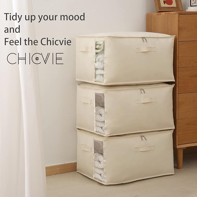 Canvas Comforters Bags Closet Organizers and Storage for Quilts Clothes Organization Containers Bins with Sturdy Zipper, Clear Window 75L for Sweaters Blankets Storage Bedroom Collapsible