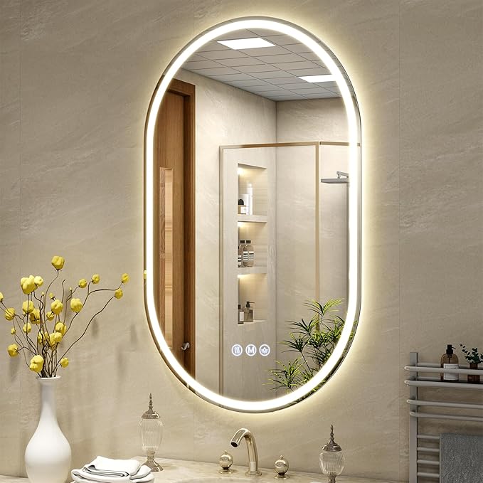 BEAUTYPEAK 48x28 LED Oval Bathroom Mirror with Lights, Anti-Fog, Dimmable, Backlit + Front Lit, Lighted Bathroom Vanity Mirror for Wall, 3 Colors, Memory Function, Tempered Glass, Shatter-Proof