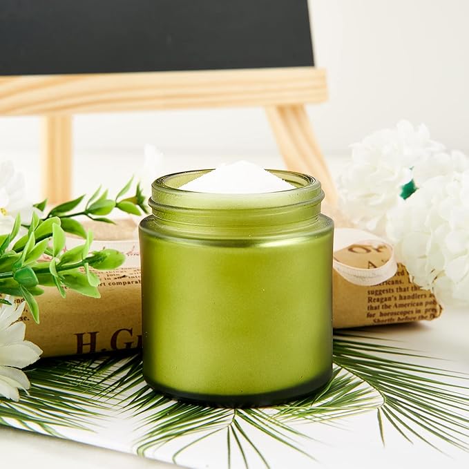 4oz Glass Jars with Lids, HOA Kinh 12 Pack Green Frosted Glass Jars with Lid Empty Cosmetic Containers Round Airtight Glass Jar with Black Lids for Storing Lotions, Powders, and Ointments