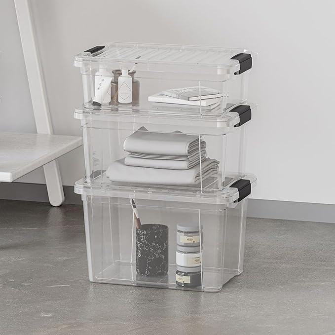 Superio Clear Storage Bins with Lids, 3 Quart BPA Free Plastic Containers, Transparent Boxes for Organizing, Stackable Crates, Organizer Totes for Home, Office, School, and Dorm