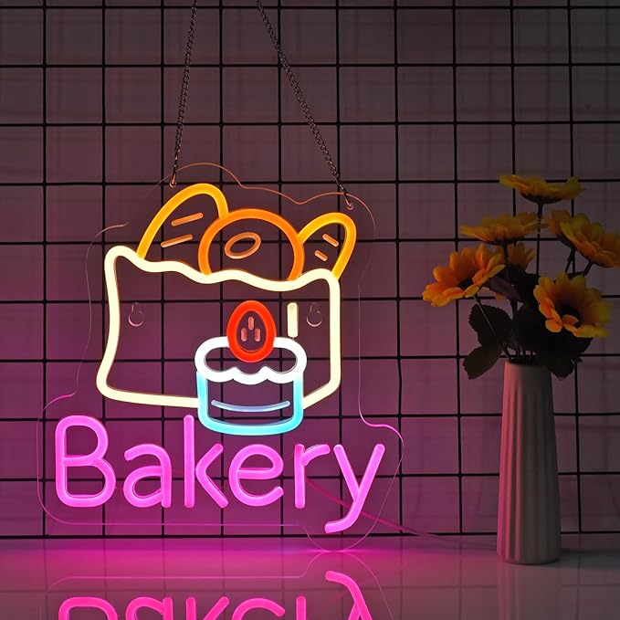 Bakery Neon Sign for Wall Decor LED Light up Sign Kitchen Baking Dessert Shop Restaurant Business Signage Cake Food Shop Cafe Birthday Party 12.6" x 11.8" Led Art Hanging Decorative Gifts