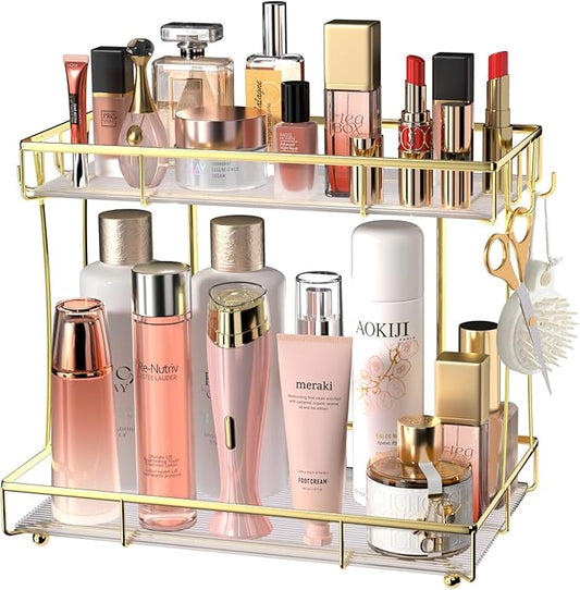 Bathroom Organizer Countertop Perfume Organizer Makeup Organizer Cosmetics Storage Display Rack Vanity Tray Dresser Steel Gold Shelf Transparency Wavy Acrylic Tray (2 Tier Golden)