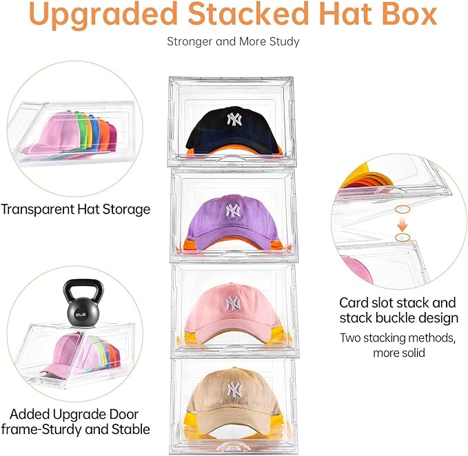 4 Pack Hat Organizer for Baseball Caps,Large Clear Cap Organizer with Drawer,Hats Holder Box for Closet with Sliding Tray,Stackable Hat Rack Display Case,Multi-use Hat Case for Caps,Each Holds 12 Hats