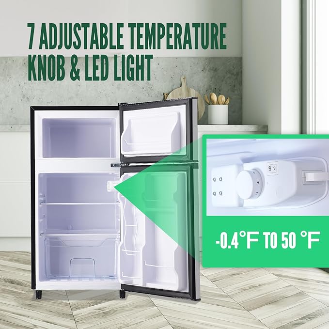 WANAI Mini Fridge with Freezer, 3.5 cubic feet 2- Doors Small Refrigerator Features 7 Gear Mechanical Control, Side Bottle Rack, Ideal for Dorm, Kitchen, Apartment, Office, Silver