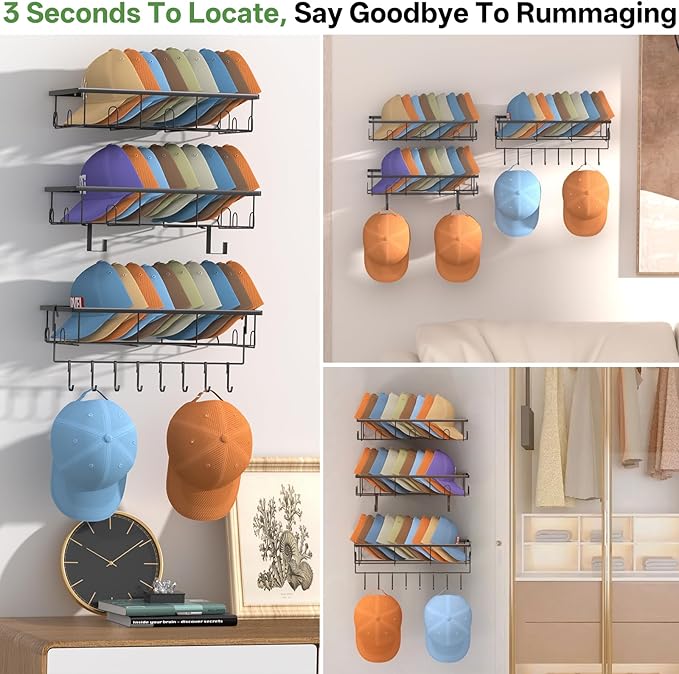3 Pack Hat Rack for Wall - Hat Organizer for Baseball Caps Wall Mounted Space Saving Hat Shelf for Hats, Caps, Scarves, Keys & More,Durable Hat Holder Suitable for Entryways, Bedrooms,Closets