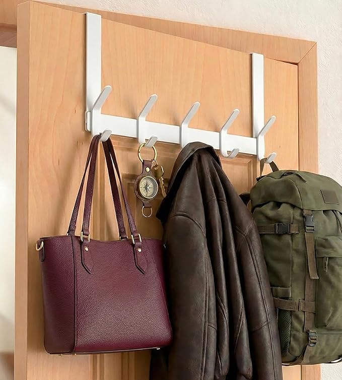 Over The Door Hooks Hanger with 7" Arms for Hanging Heavy Coats, Towel, J7U, Perfectly Fits US Standard 1 3/8-inch Doors, Towel Rack Bathroom Organizer Holder, Rustproof, White