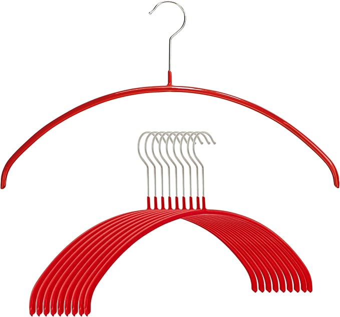 Mawa Narrow Petite Clothing Hangers, Steel Hanger with Non-Slip Coating, for Shirts, Blouses, Dresses, Light Jackets, 360-degree Rotatable Hook, Set of 10, Red