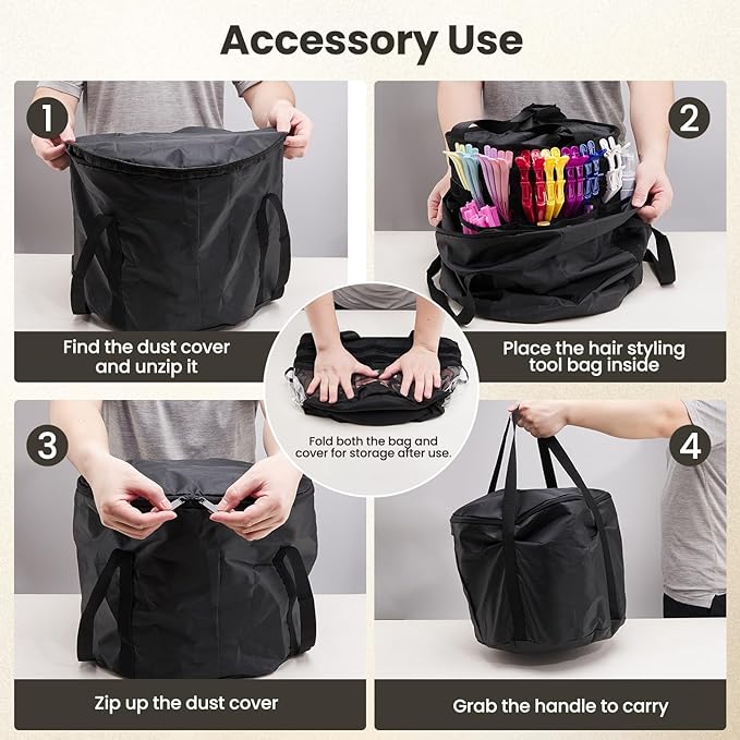 Hairstylist Travel Bag, with Dust Cover, 11L Large Capacity, Heat-Resistant Interior, Clear Pockets, DIY Velcro Straps, Top Drawstring, Bathroom Cleaning/Pet Grooming Supplies Organizer
