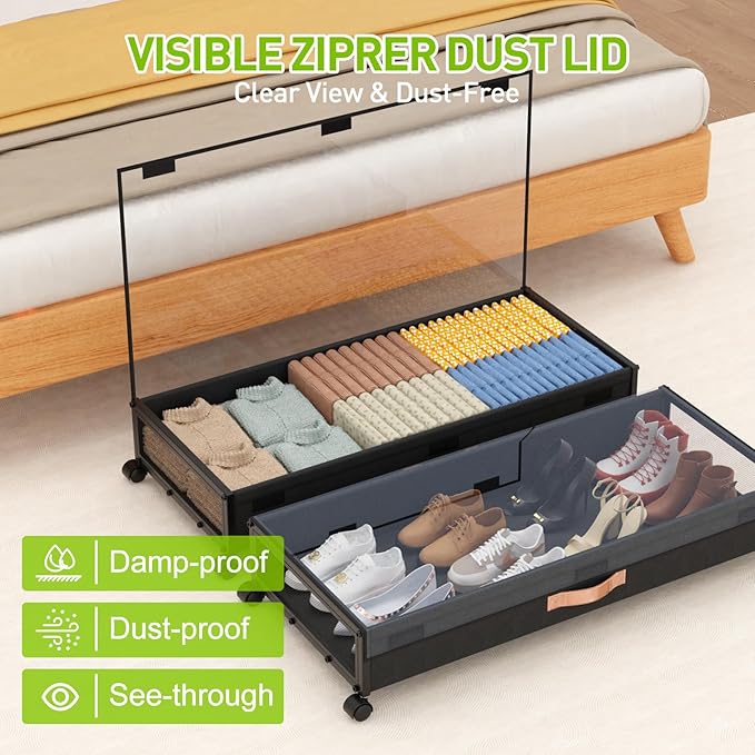 Under Bed Storage with Wheels,2-Pack Under Bed Storage Containers with Clear Lids, XXL 70L Under the bed storage Organizer Bins,Rolling Under Bed Metal Drawer for Clothes,Shoes (36"x16.6"x7.28")