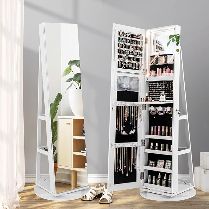 CHARMAID 360° Swivel Jewelry Armoire with Full Length Mirror, Rear Storage Shelves, Lockable Standing Jewelry Cabinet Organizer with Interior Vanity Mirror and 3-Color Lights (White)