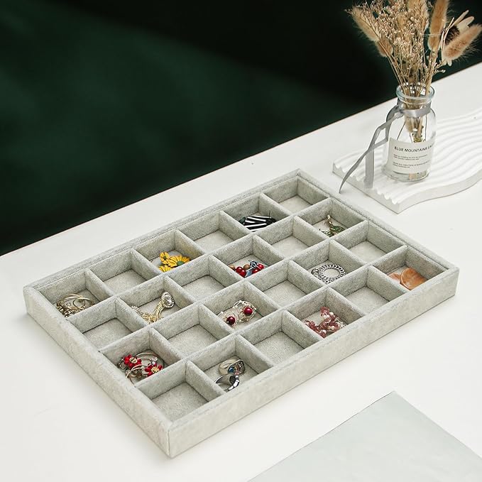 2pcs/Set Velvet Jewelry Tray, 24 Grids Large Storage Tray for Bracelet Bangle Beads Display, Jewellery Organizer Box Tray for Home Drawer or Shop Store Selling Show (Grey Velvet)