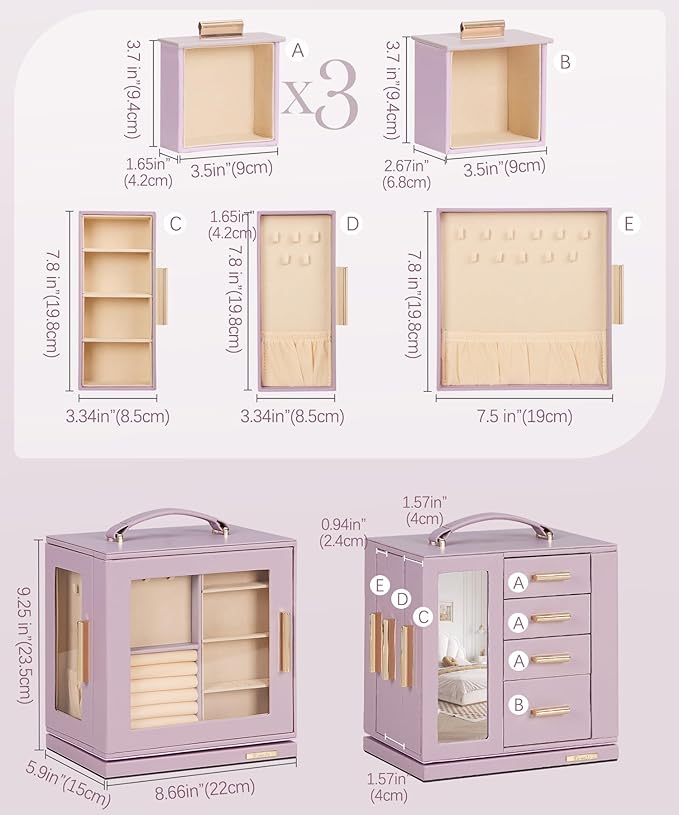 Homde Valentine's Day gifts Jewelry Box 360° Rotating, Necklace Earring Organizer with Transparent Window, Mirror, 7 Drawers, Large Ring Display Storage Case for Girls Women (Grey Purple)