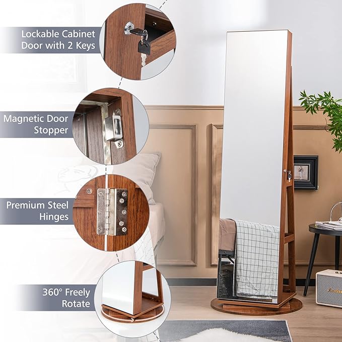 CHARMAID 360° Swivel Jewelry Armoire with Full Length Mirror, Rear Storage Shelves, Lockable Standing Jewelry Cabinet Organizer with Interior Vanity Mirror and 3-Color Lights (Walnut)