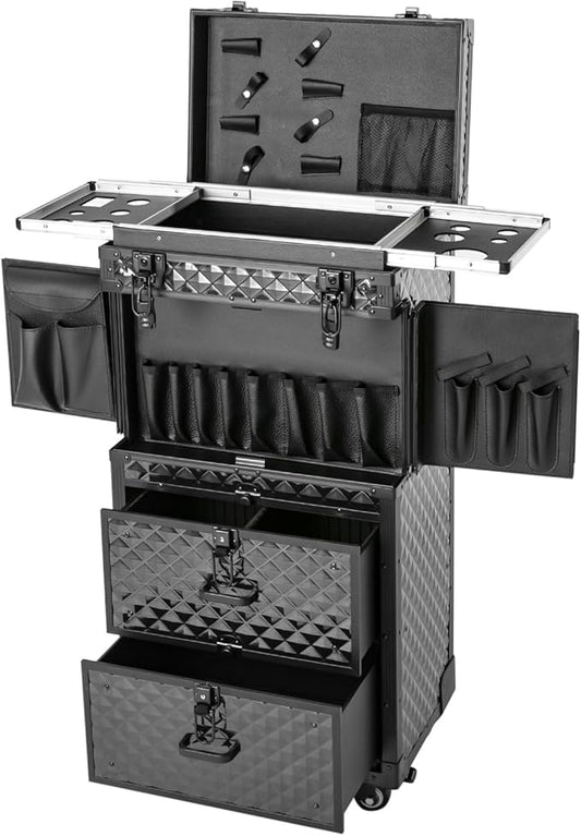 Rolling Makeup Case with Wheels and Locks, Cosmetology Case Makeup Train Case for Salon Barber Large Beauty Salon Luggage Rolling Lockable Makeup Train Extendable Tray Hairdressing (Style 3)