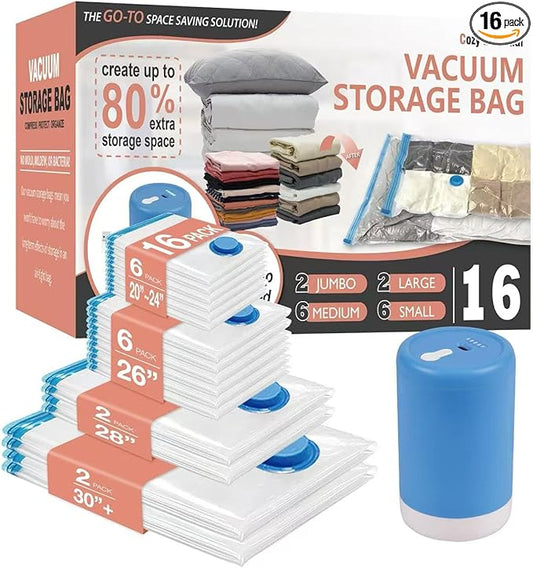 Cozy Essential 16 Pack Travel Vacuum Storage Bags with Rechargeable Wireless Electric Pump for Luggage, Suitcase, Carry-on Size Vacuum Seal Compression Space Saver Bags for Clothes and Clothing Travel