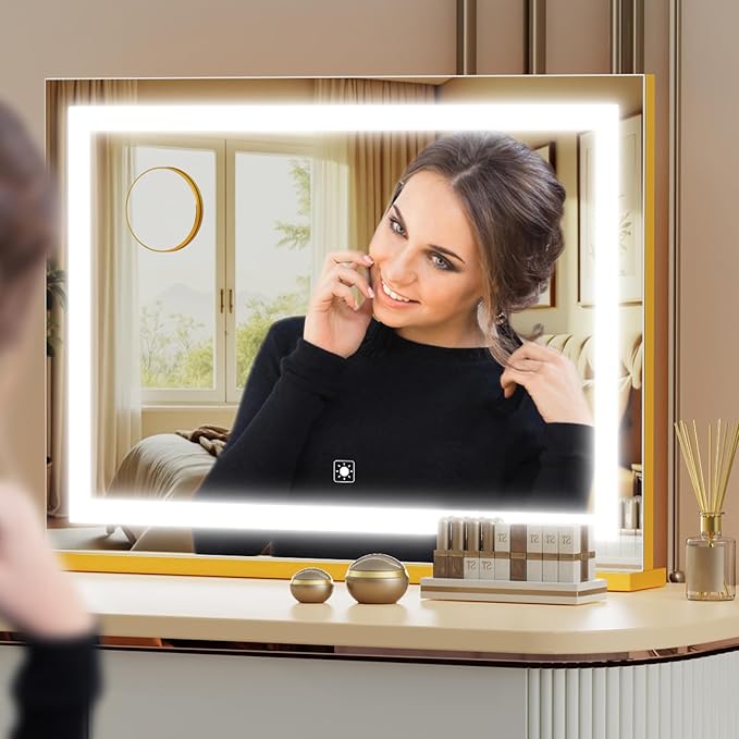 Makeup Vanity Mirror with USB Charging Port 24" x 19" Large LED Makeup Mirror, Desk Mirorr with Lights, Light up Mirror with 10X Magnification and, Dimmable 3 Modes, Touch Control Gold