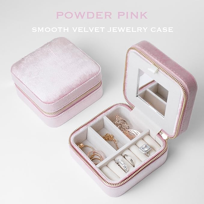 Customizable Compact Velvet Jewelry Box with Mirror, Travel Jewelry Case, Travel Jewelry Organizer, Jewelry Box for Women and Girls, Small Jewelry Organizer (Center Text, Powder Pink)