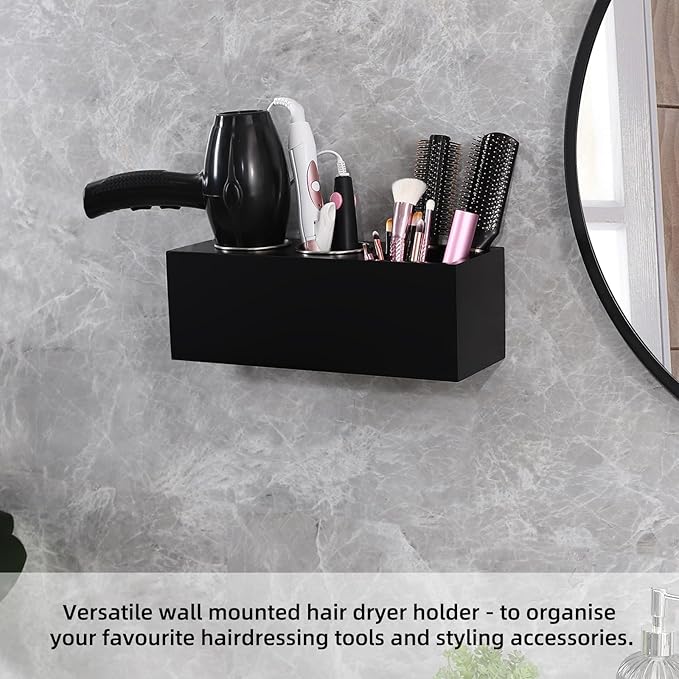 Hair Dryer Countertop Holder, Hair Tool Organizer Wall Mount, Blow Dryer Holder Organizer, Bathroom Countertop Blow Dryer Holder and Curling Iron Holder (Cedar Wood, Black)
