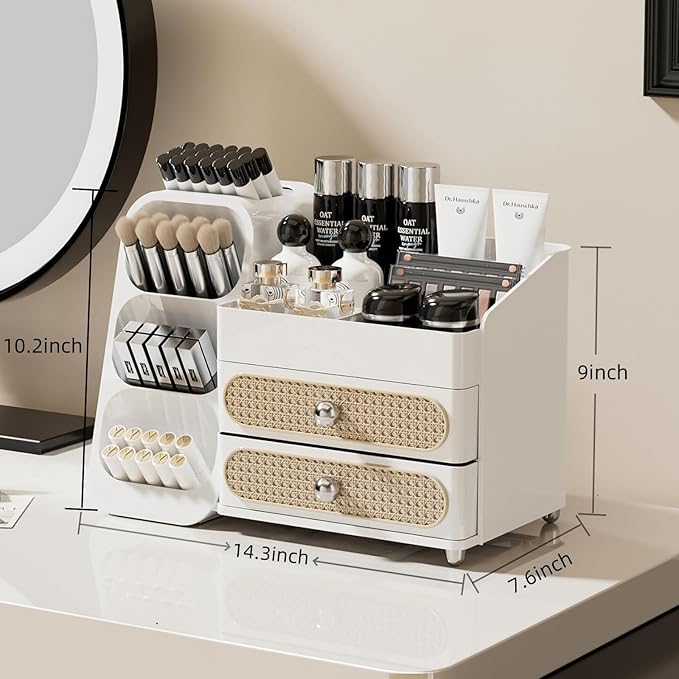 Makeup Organizer with Drawers,Large Capacity Countertop Organizer for Vanity,Bathroom and Bedroom Desk Cosmetics Organizer,Easy To Storage Skincare,Brushes,Lotions,Lipstick (All white)