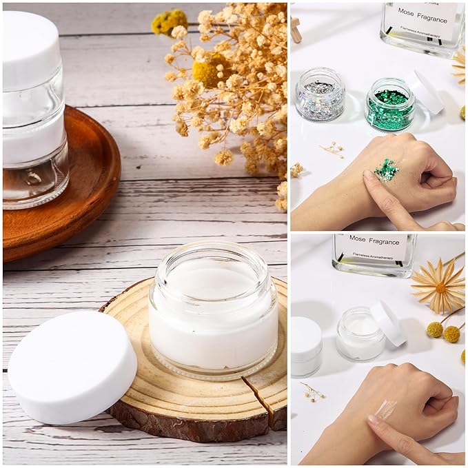 Domensi 60 Pcs 1oz Glass Jars with Lids Bulk Salve Tins Winter Cream Container Small Glass Candle Cosmetic Jars for Travel Lip Balm with Inner Liners for Lotion Sample Cream(Clear, White Lid)