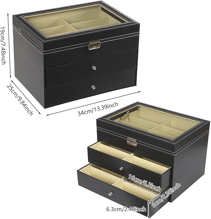 Sunglasses Organizer, Sunglasses Storage Organizer, Eyeglasses Storage Glass Top Lockable Case Organizer Eyeglasses Display Box for Women Men (Black)