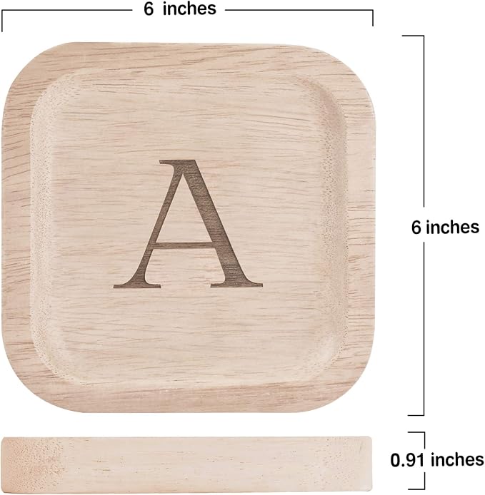 I'm Wooden Personalized Letter Catchall Valet Tray Trinket Dish Jewelry Tray Key Bowl Decorative Plate Organizing Ring Earrings Necklaces Bracelet Watch Coins Wallet Holder (6"x6" Sq Natural A)