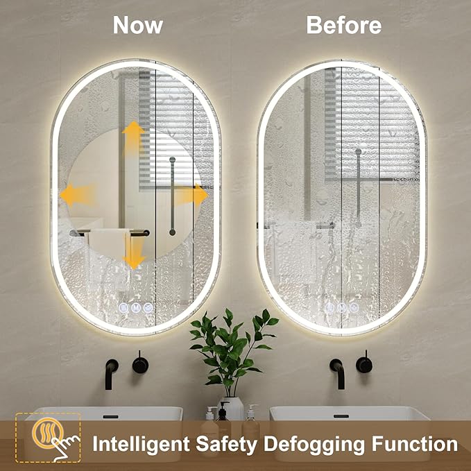 BEAUTYPEAK 36x24 LED Oval Bathroom Mirror with Lights, Anti-Fog, Dimmable, Backlit + Front Lit, Lighted Bathroom Vanity Mirror for Wall, 3 Colors, Memory Function, Tempered Glass, Shatter-Proof