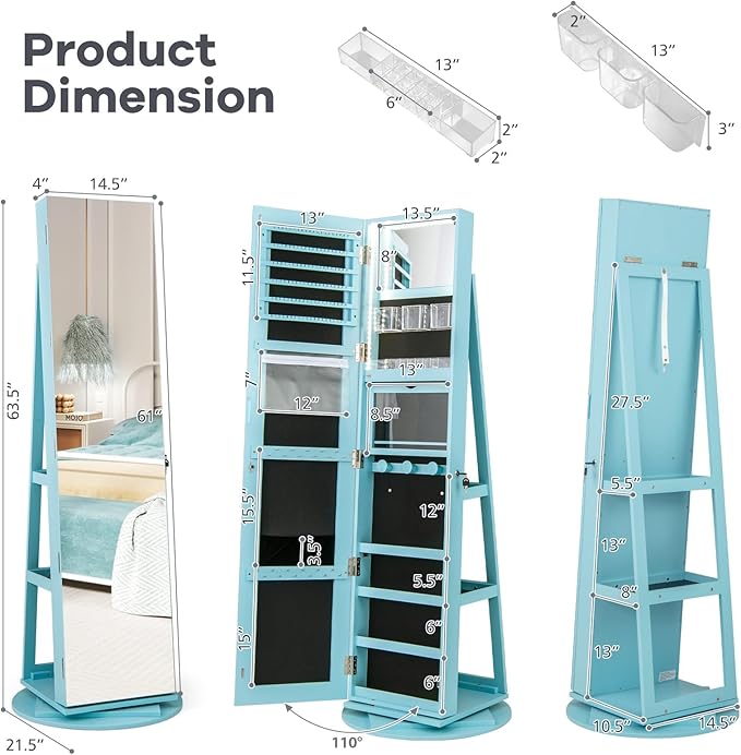 CHARMAID 360° Swivel Jewelry Armoire with Full Length Mirror, Rear Storage Shelves, Lockable Standing Jewelry Cabinet Organizer with Interior Vanity Mirror and 3-Color Lights (Sky Blue)