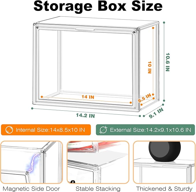 12 Pack Purse Organizer for Closet Size 14 Shoe Storage Box Stackable Acrylic Display Case Handbag Organizer with Magnetic Lid Transparent Storage Container for Sneaker, Boots, Hat, Book, Collectibles