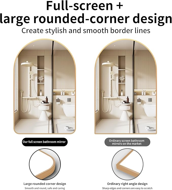 30x40 inch Gold Tempered Glass Large Arched Mirror for Bathroom Vanity Mirror or Wall Decor Arch Mirror Brushed Metal Frame Wall Mounted Mirror for Bathroom