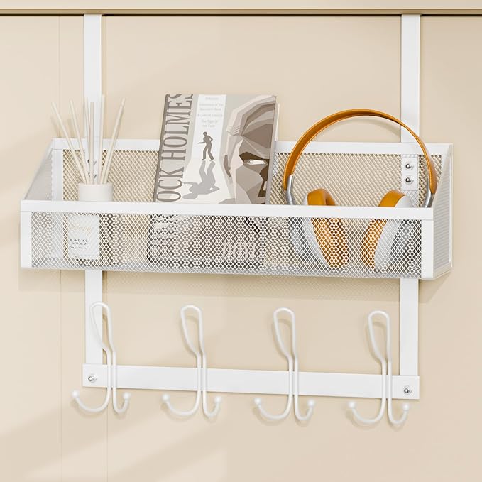 Over The Door Hooks Organizer, Back of Door Organizer with 12 Coat Hooks & Mesh Baskets Over The Door Towel Rack Door Hanger Storage Rack for Bathroom,Kitchen,Bedroom(White)