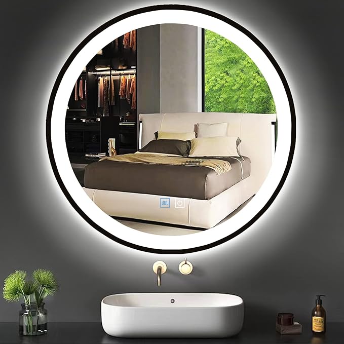 20 Inch Black Bathroom Round LED Mirror with Light, Black Frame, 3 Color AntiFog, 20" Round Lighted Mirror