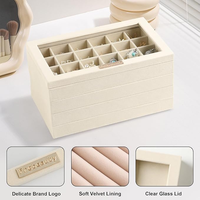 Frebeauty Stackable Jewelry Trays,Velvet Jewelry Organizer for Drawer,5-in-1 Jewelry Storage Box with Lid,Vanity Jewelry Display for Earrings Necklaces Rings,10.5 x 6.5 x 5.55 Inches,Gift for Women