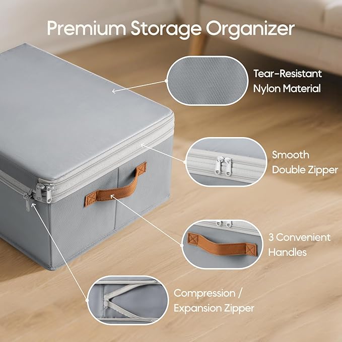 Homosorout Large Closet Storage Bins - Compression Organizer Bins, Stackable Closet Organizer, Expandable Under Bed Storage Containers for Clothes, Towels, Sheet, 4 Pack, Grey