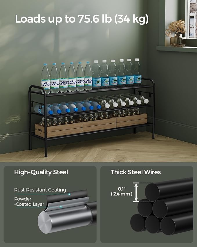 SONGMICS Shoe Rack, 3-Tier Shoe Organizer, Metal Shoe Shelf Storage with 4 Side Hooks, Holds 18 Pairs of Shoes, Height-Adjustable Shoe Rack for Entryway, Hallway, Closet, Ink Black ULMR131B01