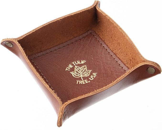 USA Handmade Premium Leather Valet Tray, Folds Flat! Dice Rolling Basket and Organizer with Brass Rivets (Chestnut, Mini)