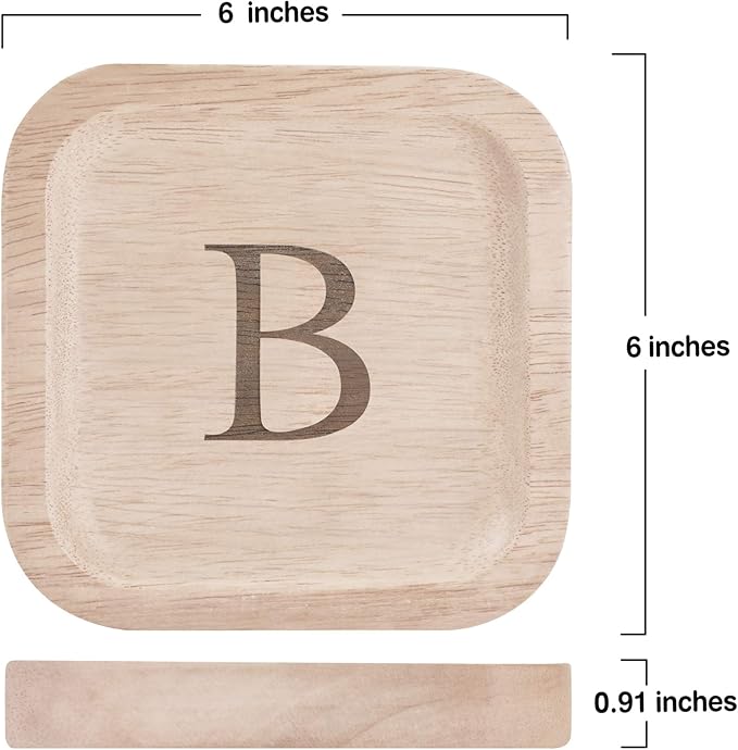 I'm Wooden Personalized Letter Catchall Valet Tray Trinket Dish Jewelry Tray Key Bowl Decorative Plate Organizing Ring Earrings Necklaces Bracelet Watch Coins Wallet Holder (6"x6" Sq Natural B)