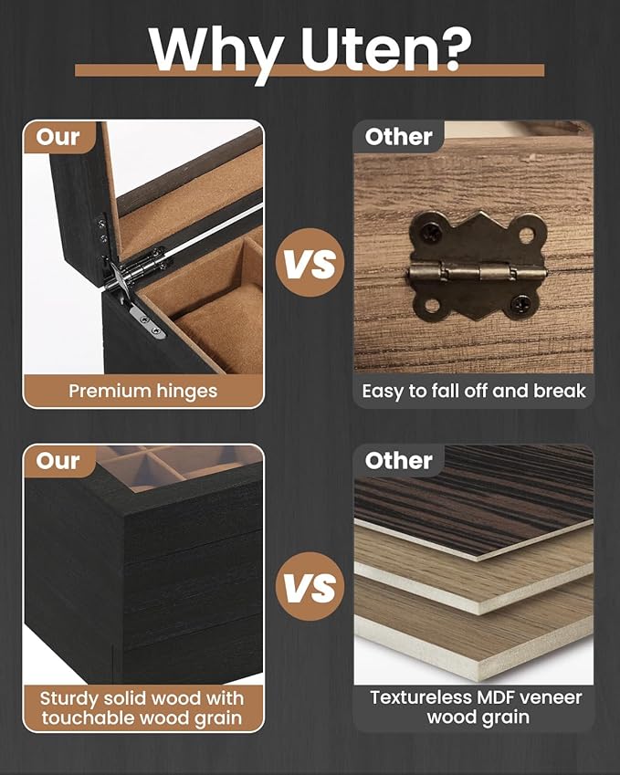 Uten 10-Slot Watch Box, 2-Layers Solid Wood Watch Display Case with Glass Lid, Watch Holder Organizer with Soft Pillow and Velvet Lining, Watch and Jewelry Storage Box, Brown