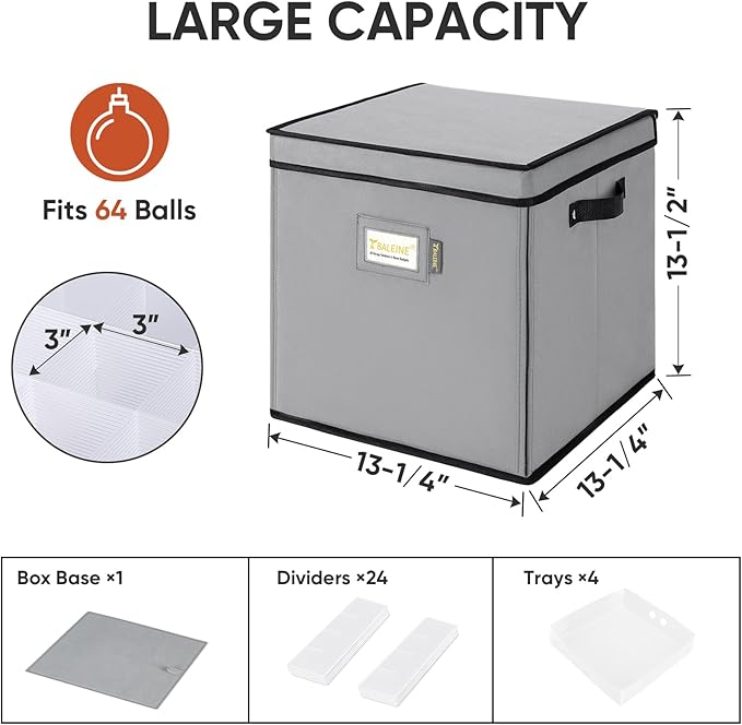 BALEINE Christmas Ornament Storage Box with Dividers, Premium Holiday Ornaments Storage Container Bin for Xmas Decorations (64 Ball, Grey, Hard)