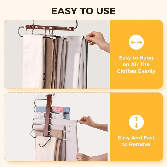 Pants Hangers Space Saving, 4 Packs Wooden Closet Organizer, Anti-Slip Design Leggings Hanger, Multi-Layer Clothing Pant Rack for Jeans, Trousers, Skirts, Scarves & Slacks