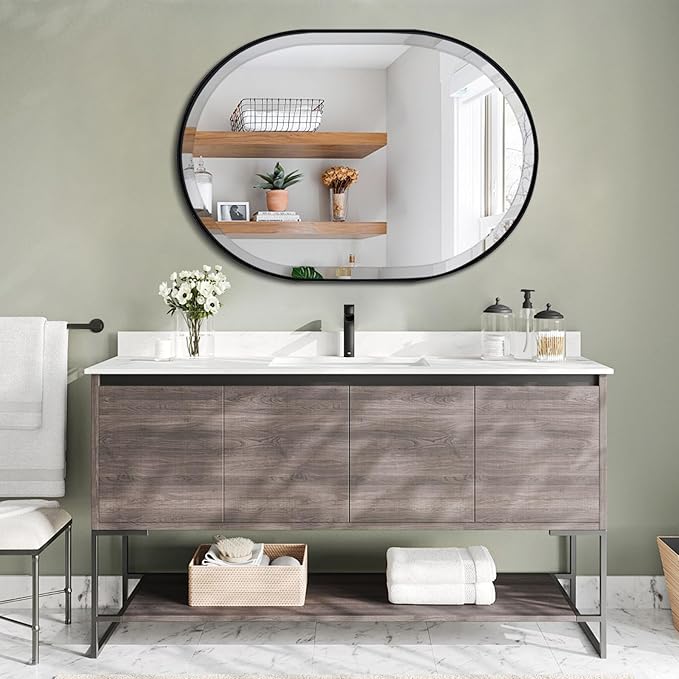 POZINO Oval Beveled Mirror, 24"x36" Bathroom Mirror for Over Sink, Rounded Rectangle Mirrors, Modern Oblong Vanity Wall Mirrors in Premium Stainless Steel Frame Hangs Horizontal Or Vertical