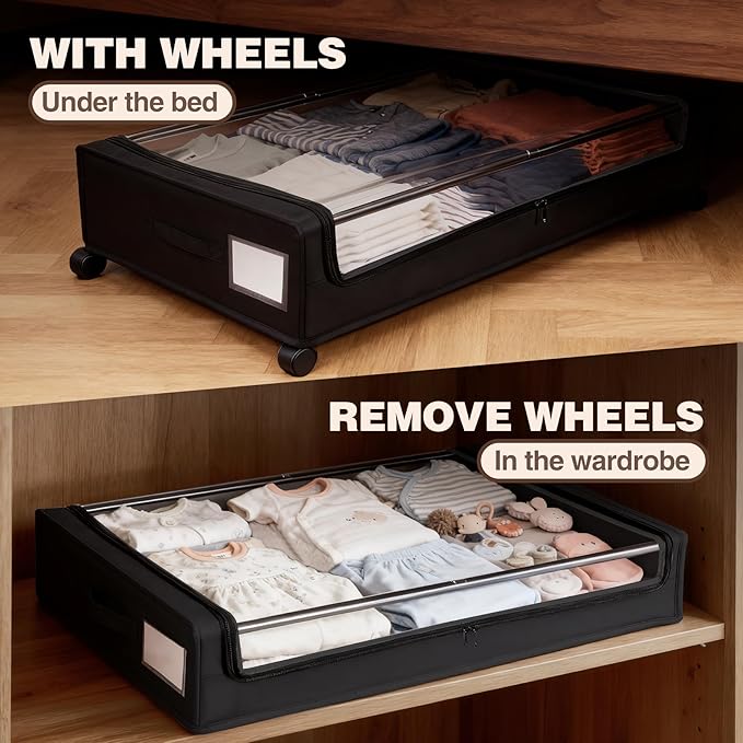 Under Bed Storage with Wheels, 2 Pack Under bed Storage Containers, XXL 60L Rolling Under Bed Drawers on wheels for Clothes, Shoes, Blankets in Bedroom, Dorm, Black