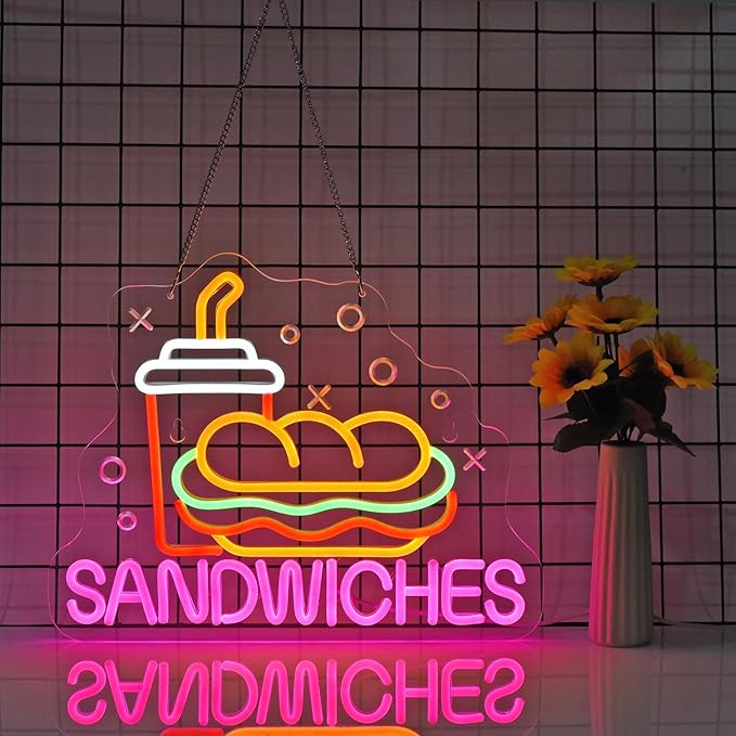 Sandwiches Neon Sign for Wall Decor LED Light up Sign Business Signage for Home Kitchen Restaurant Fast Food Store Man Cave Party 15.7" x 12.6" Led Art Wall Hanging Decorative Gifts