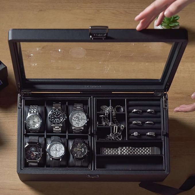 Vlando 6-Slot Watch Box Organize, Lockable Watch Case with Textured Leather, 2 Layer Watch Holder for Rings, Bracelets, Glasses, Glass Lid, Removable Divider, Gift for Fathers, Husband, Friend, Black