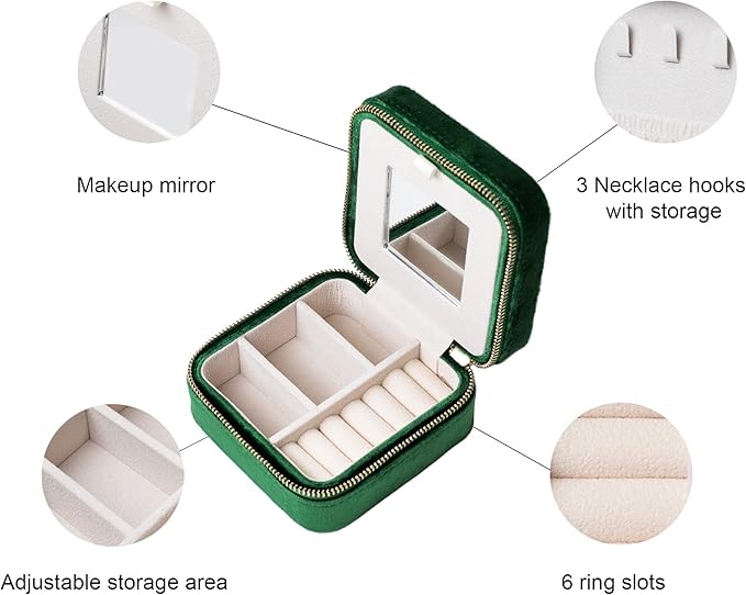 Customizable Compact Velvet Jewelry Box with Mirror, Travel Jewelry Case, Travel Jewelry Organizer, Jewelry Box for Women and Girls, Small Jewelry Organizer (Flower Design, Emerald Green)