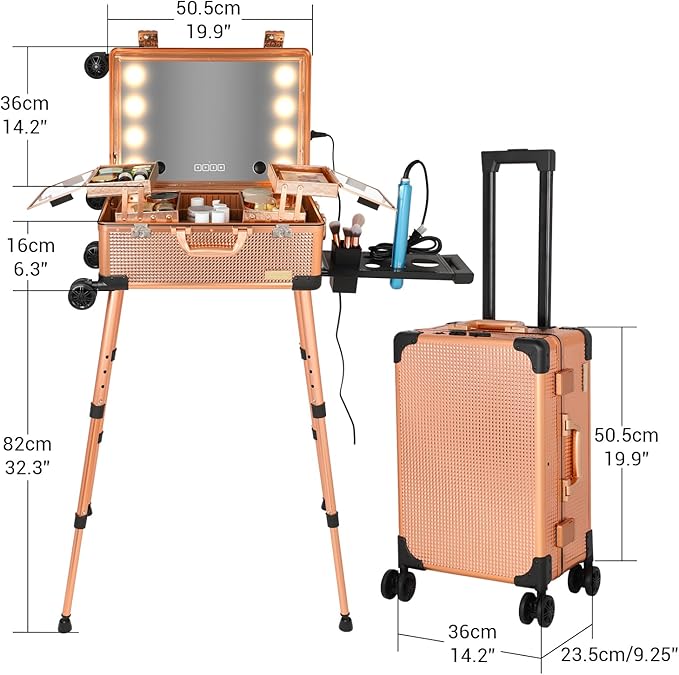 20" Aluminum Ligthed Makeup Train Case with LED Lights Professional Cosmetic Organizer Studio with Speaker, Wheels and Stands Rolling Trolley Makeup Vanity Station for Travel (Rose Gold)